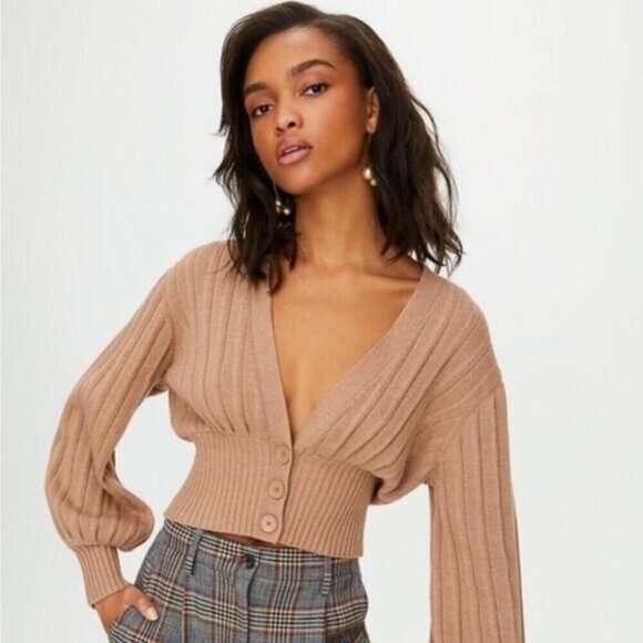 NEW WILFRED Plunge Front Cardigan Wool Sweater Tan Brown Thais XXS ARITZIA - Picture 1 of 14